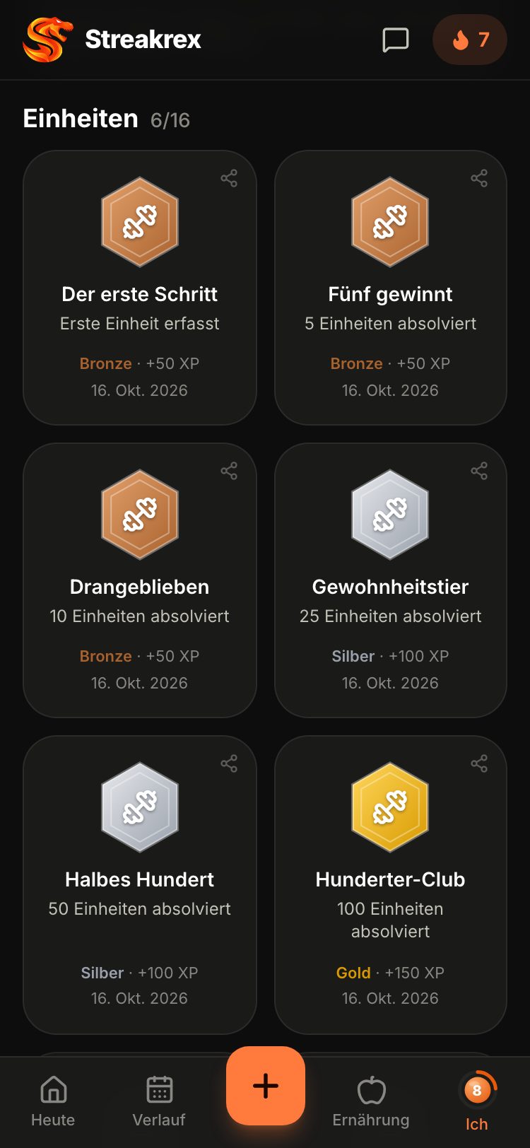 Erfolge-Seite mit Streak-Medaillen in Bronze und Silber