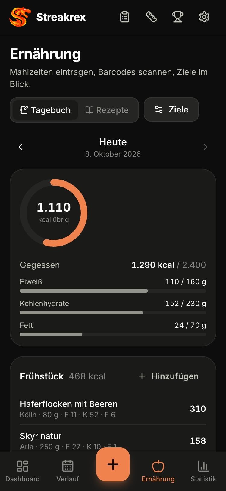 Ernährungstagebuch mit Kalorienring und Makros