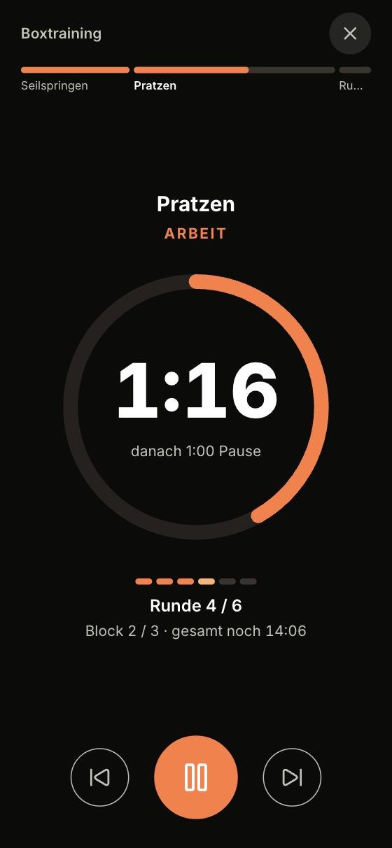 Laufender Rundentimer mit Runde 4 von 6 und Restzeit
