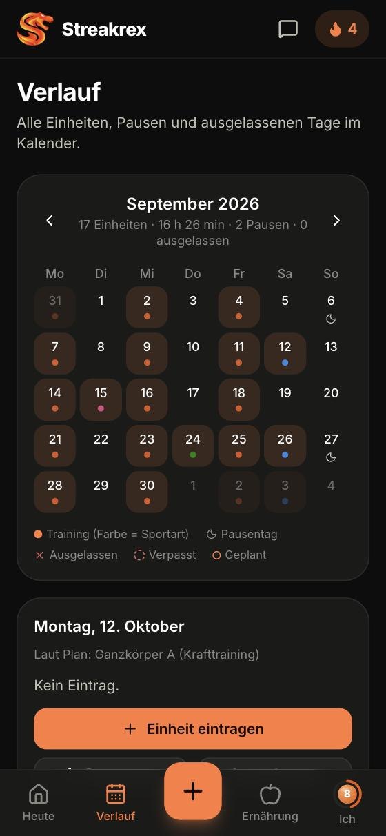 Verlauf-Kalender mit Trainings- und Pausentagen